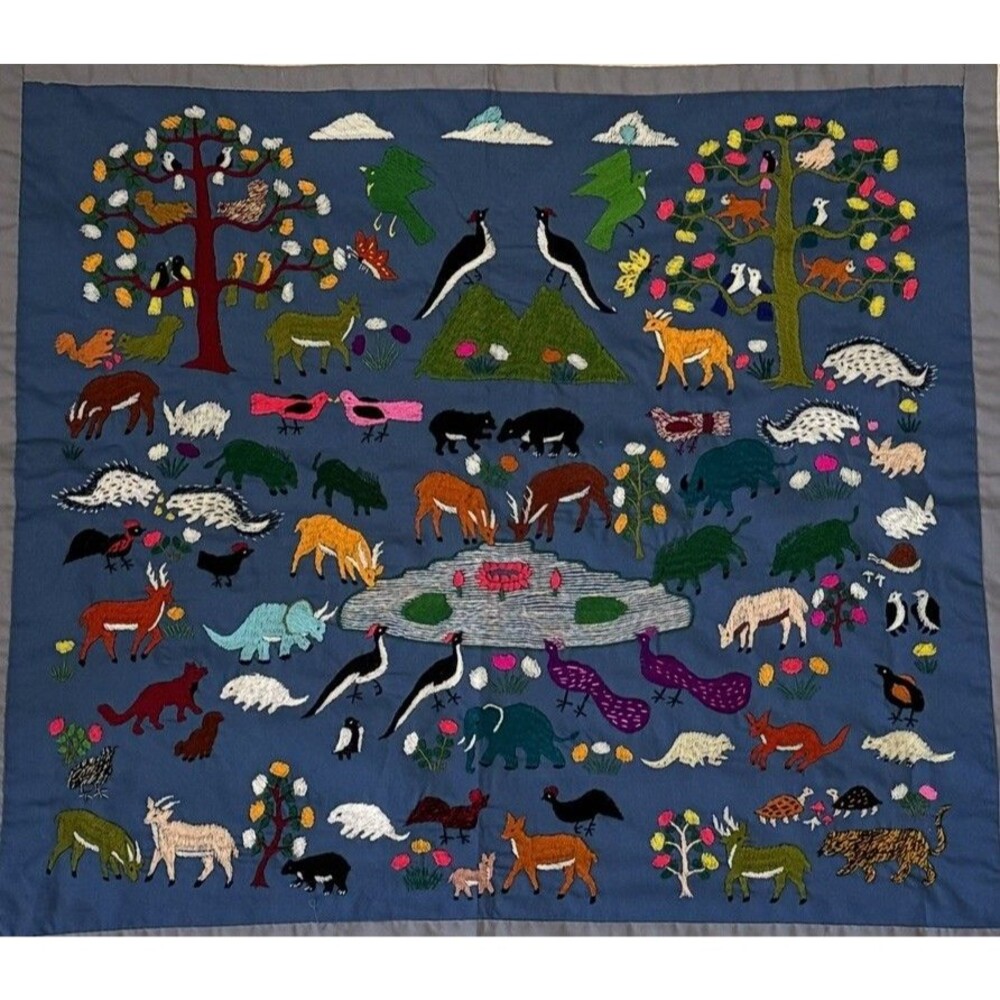 Vintage Hmong Story Cloth Embroidered Tapestry Wall Hanging Animals 35"x35"